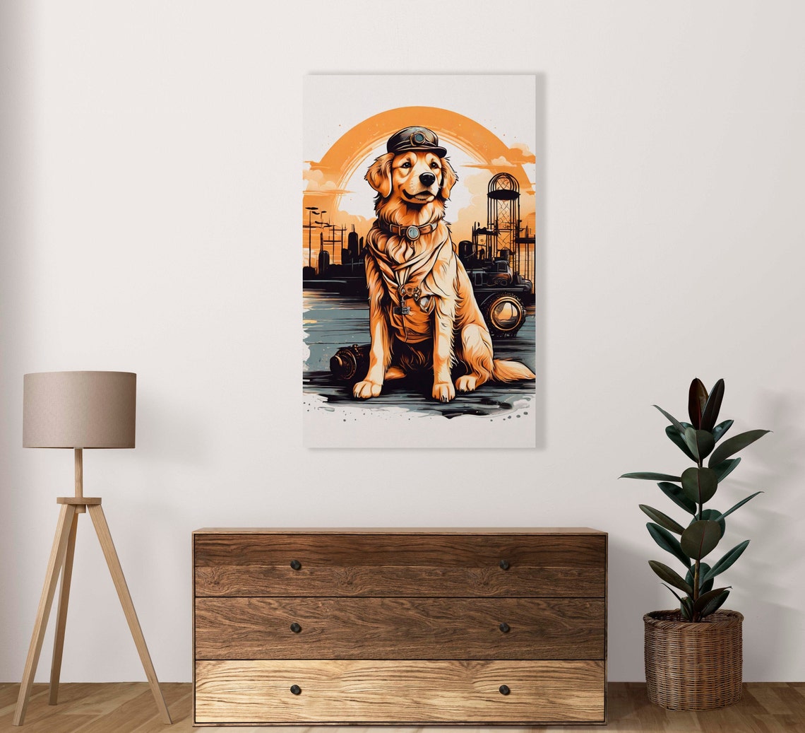 Golden Retriever Factory Worker Cap Industrial Sunset Art Poster