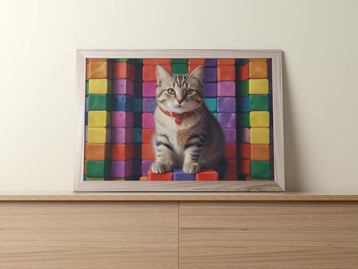 Tabby Cat With Red Collar And Bell Sitting On Rubiks Cubes Poster - Image 2