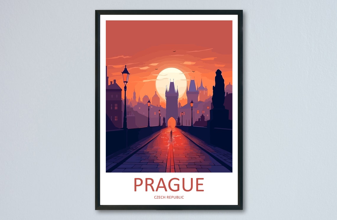 Prague Czech Republic Charles Bridge Poster with Sunrise Skyline