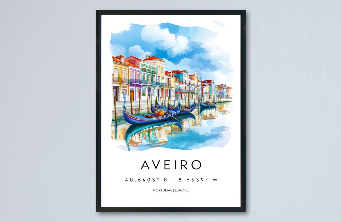 Aveiro Canal Colorful Boats Watercolor Portugal City Travel Poster