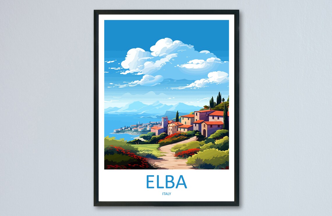 Elba Italy Island Hillside Village Coastal Scenery Travel Poster