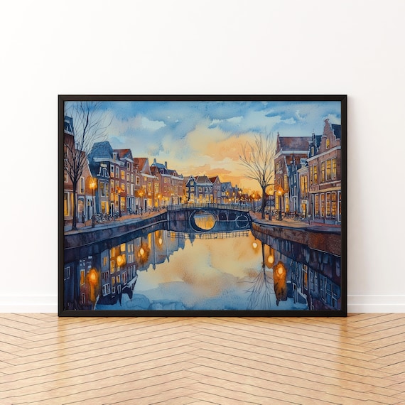 Canal City at Dusk with Glowing Street Lamps and Bridge Reflections Poster