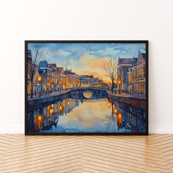 Leiden Netherlands Watercolor Poster Travel Print Canal City Painting Historic Town Wall Art Europe Decor Souvenir