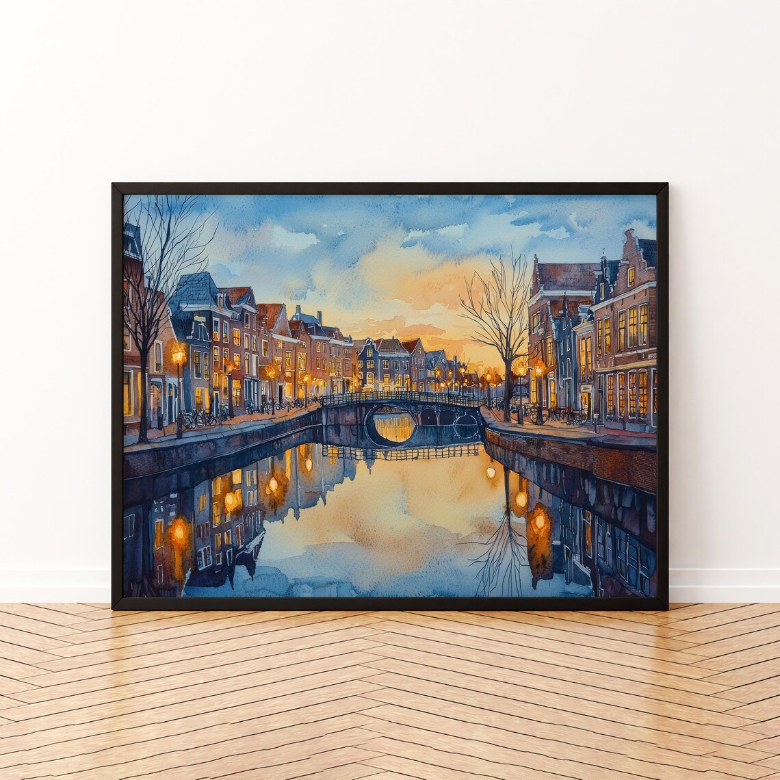 Leiden Netherlands Watercolor Poster Travel Print Canal City Painting Historic Town Wall Art Europe Decor Souvenir