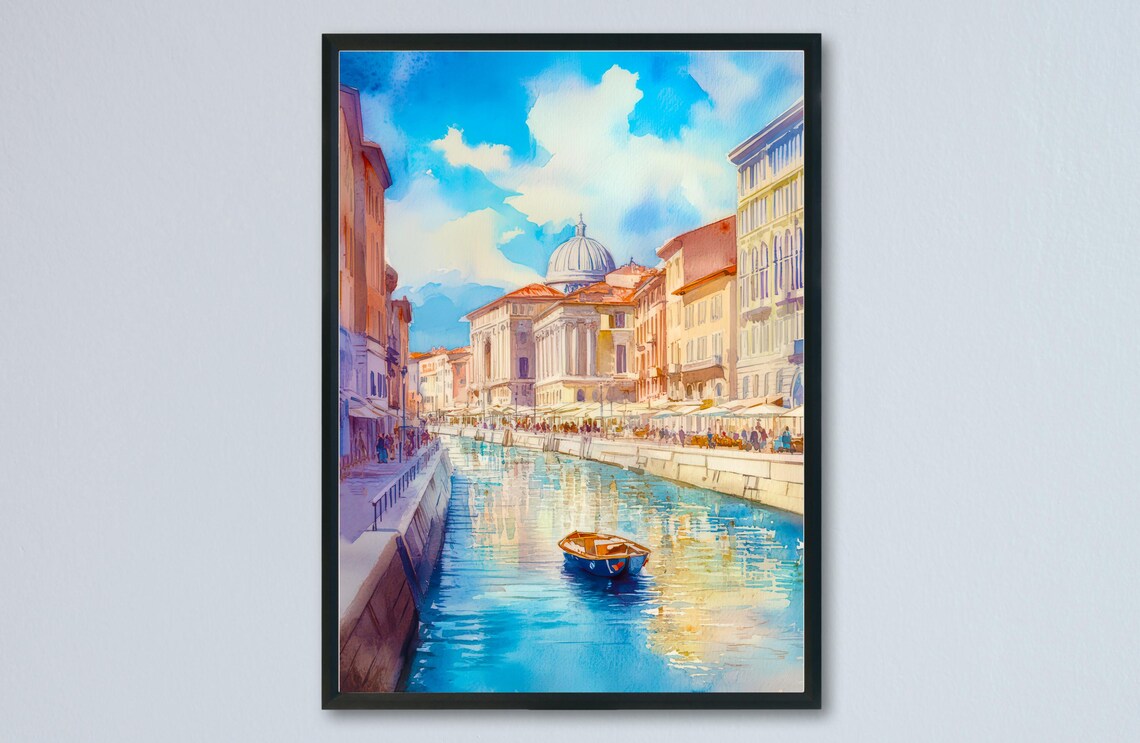 Trieste Canal Grande Watercolor Domed Church Boat Reflections View Poster