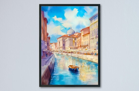 Trieste Canal Grande Watercolor Domed Church Boat Reflections View Poster