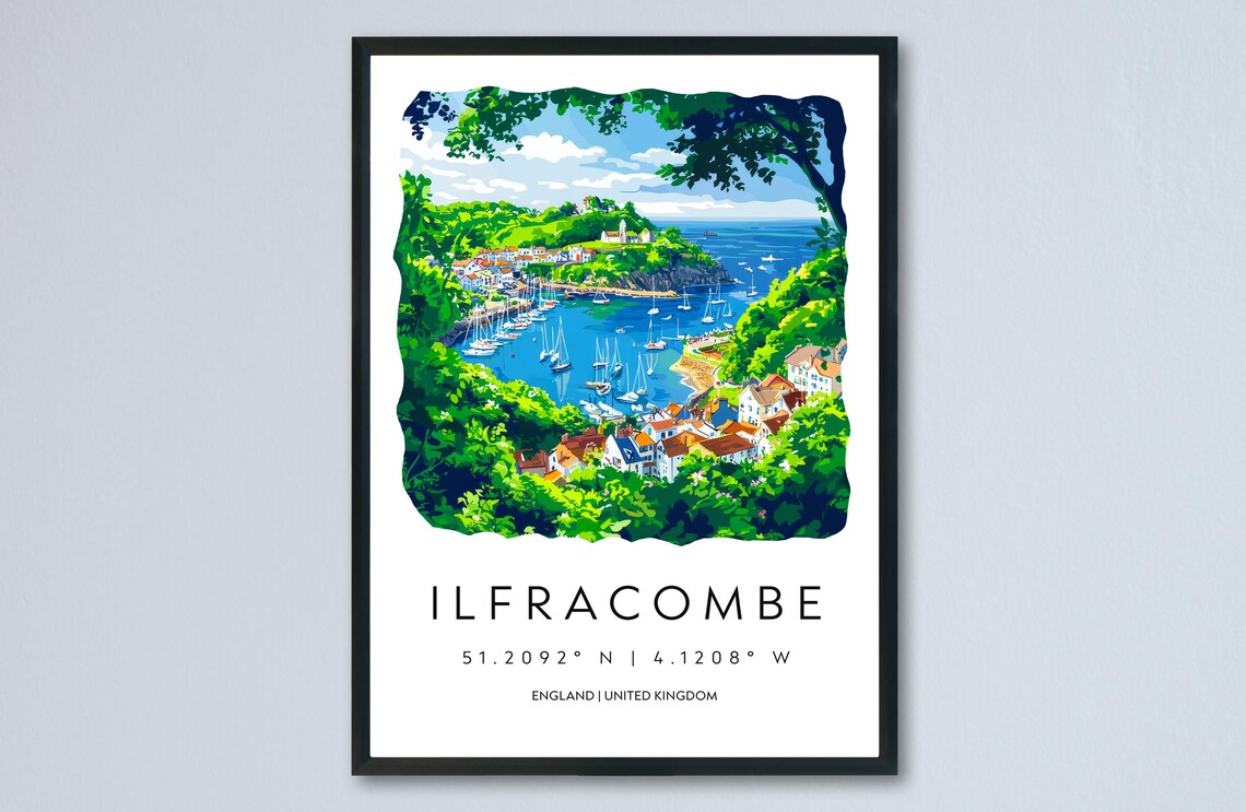 Ilfracombe England Harbor Sailboats Watercolor Travel Poster