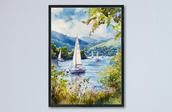 Windermere Lake District Sailboats and Fells Watercolor Poster