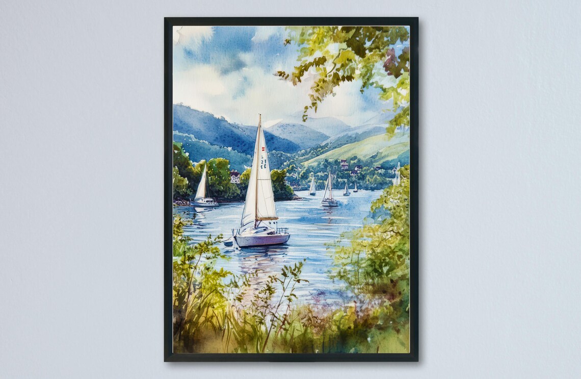 Windermere Lake District Sailboats and Fells Watercolor Poster