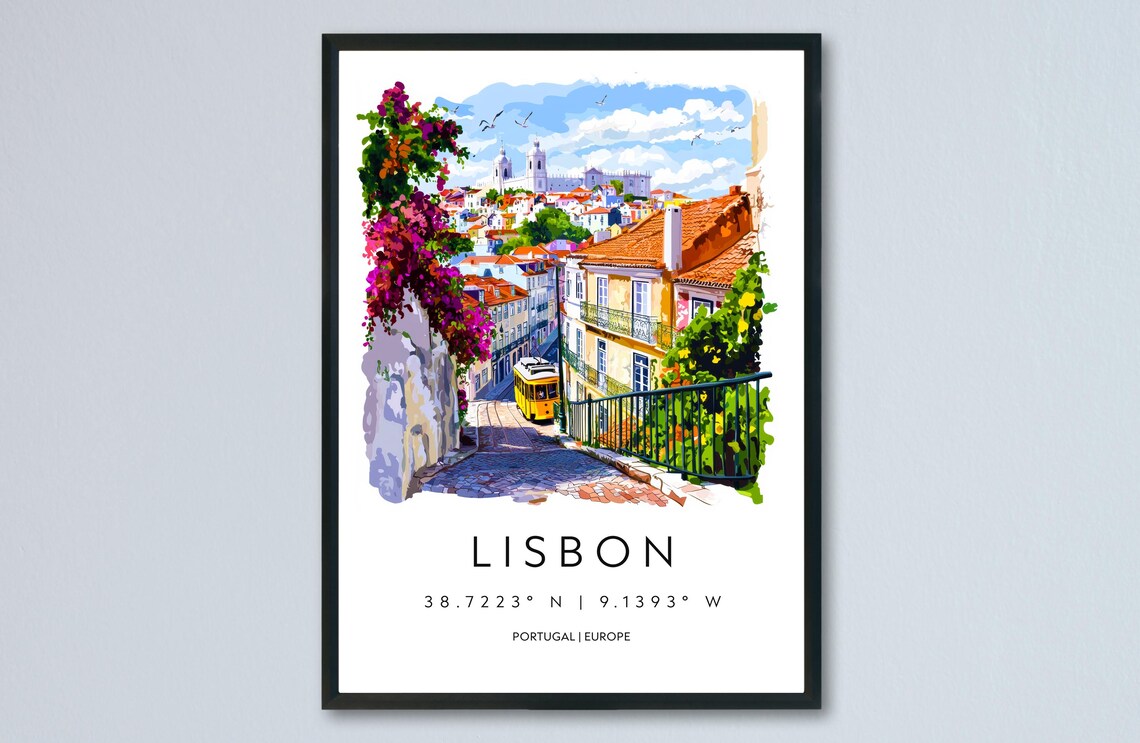 Lisbon Portugal Yellow Tram Old Town Watercolor Europe Travel Poster