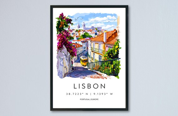 Lisbon Portugal Yellow Tram Old Town Watercolor Europe Travel Poster