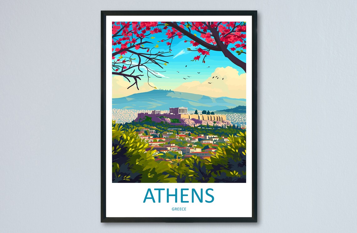 Athens Greece Acropolis Hill Illustrated Spring City Travel Poster
