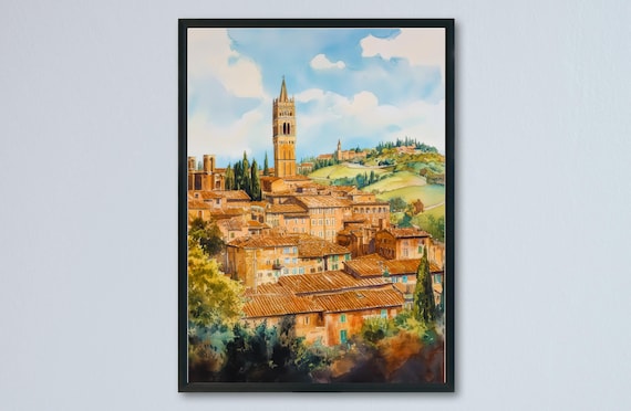 Siena Italy Old Town Tower Terracotta Roofs Watercolor Poster