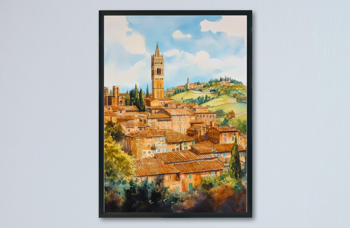 Siena Italy Old Town Tower Terracotta Roofs Watercolor Poster