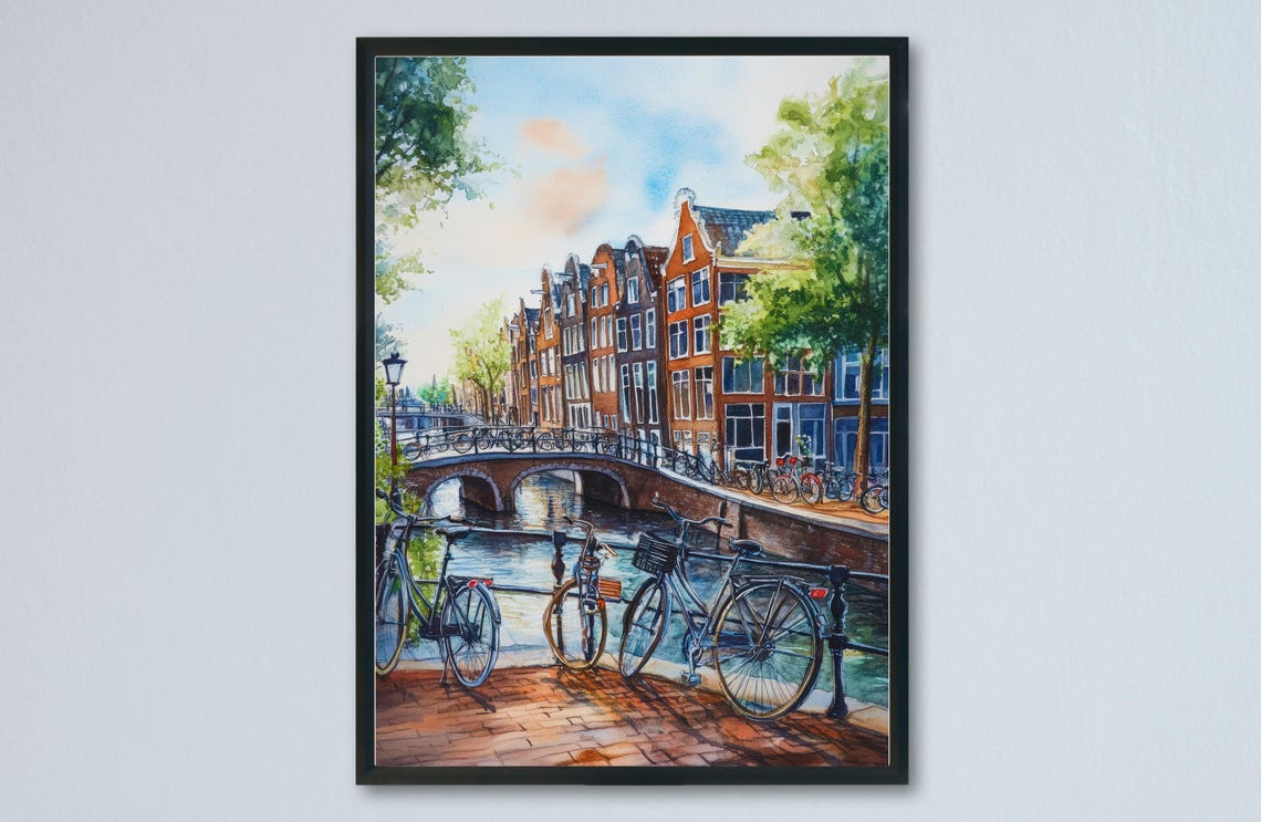 Amsterdam Netherlands Canal Bridge Bicycles Gabled Houses Poster