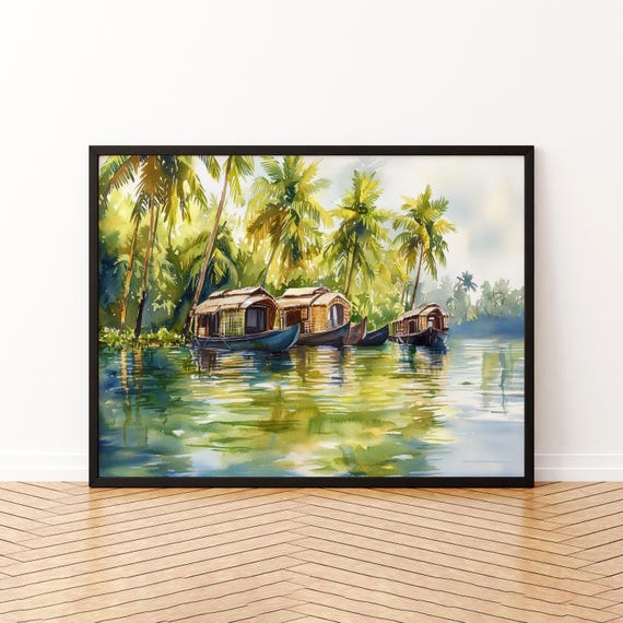 Kerala India Watercolor Poster Travel Print Tropical Landscape Painting Backwaters Wall Art Asia Souvenir