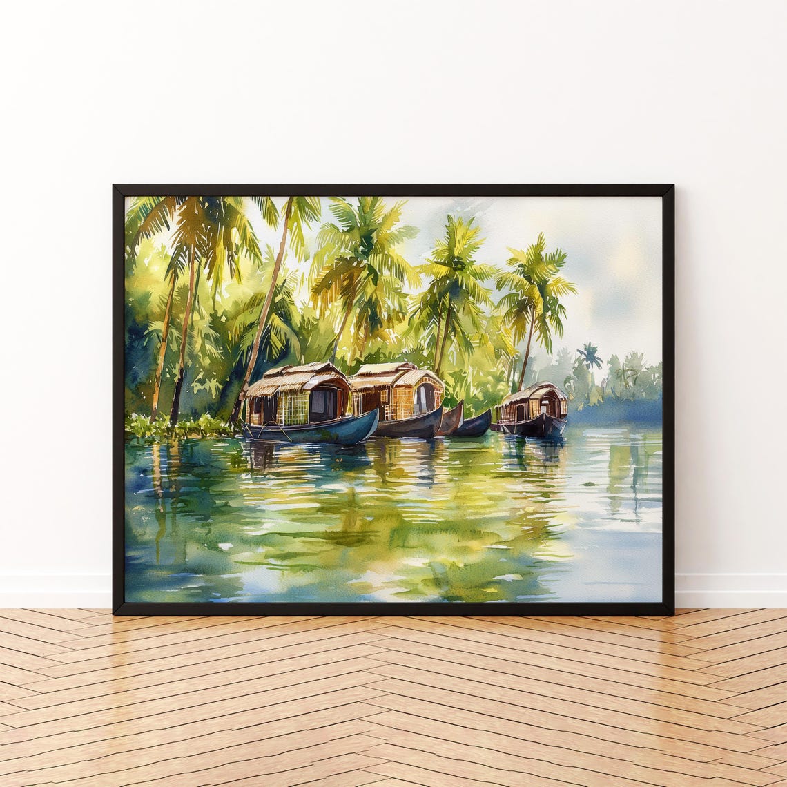 Kerala India Backwaters Houseboats Palm Trees Watercolor Travel Poster