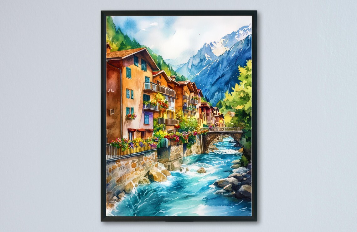 Alpine Village River Stone Bridge Watercolor Mountain Poster