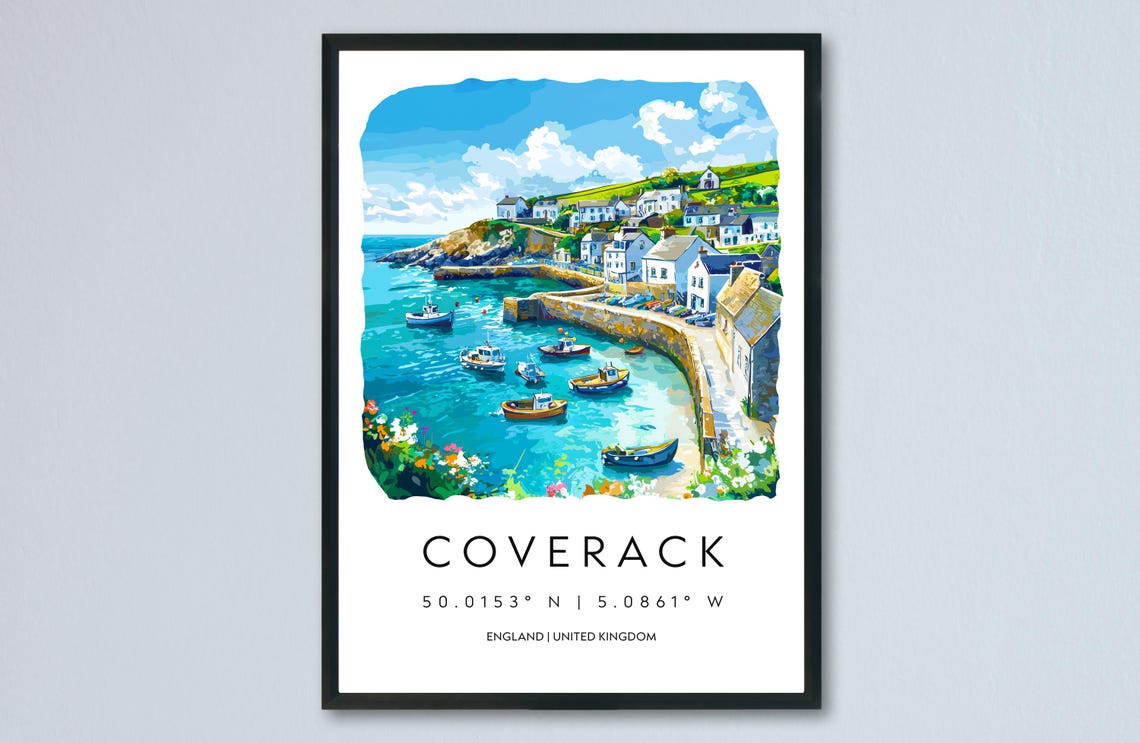 Coverack Watercolor Travel Poster, Cornwall Village