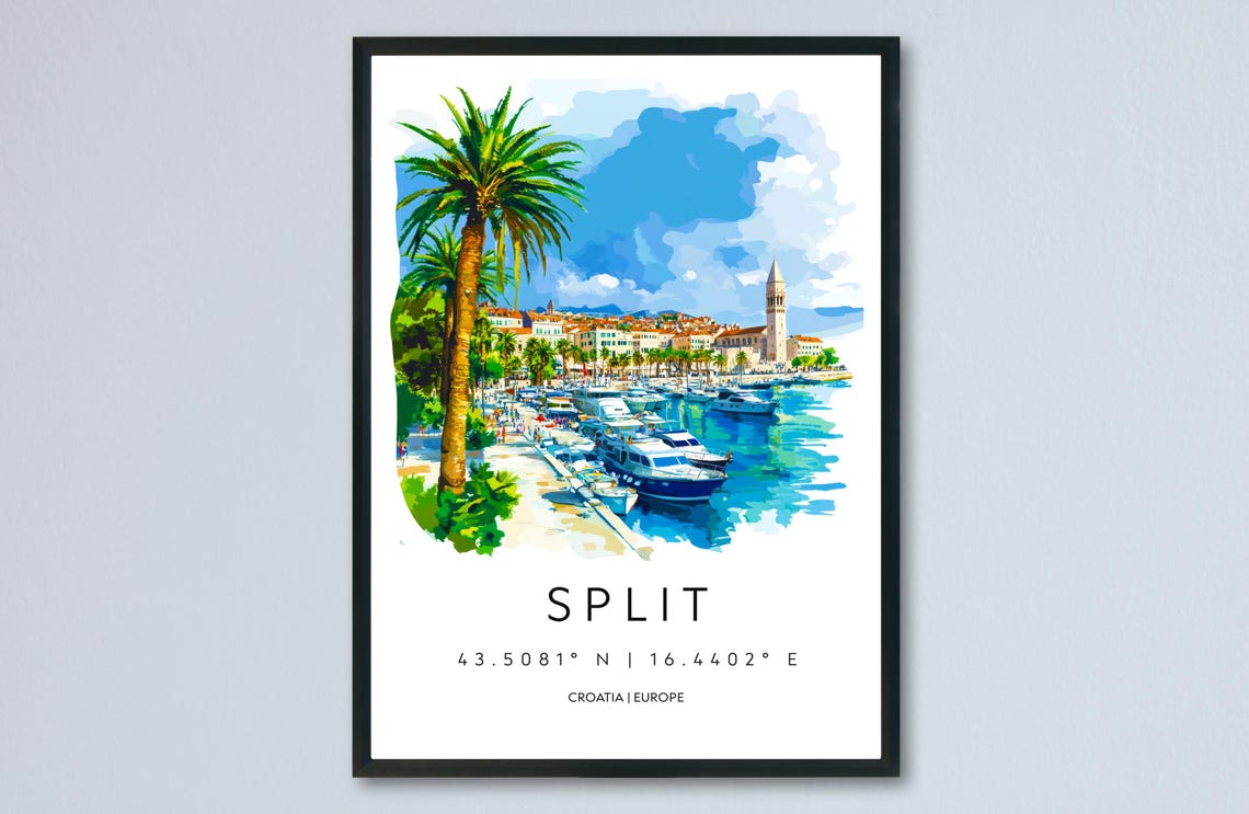 Split Waterfront Palm Trees Croatia Watercolor Travel Poster