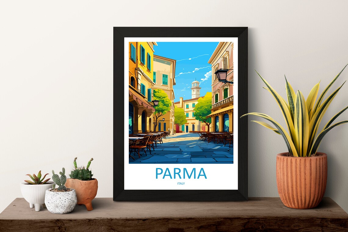 Parma Italy Sunlit Piazza with Cafes and Historic Tower Travel Poster - Image 3