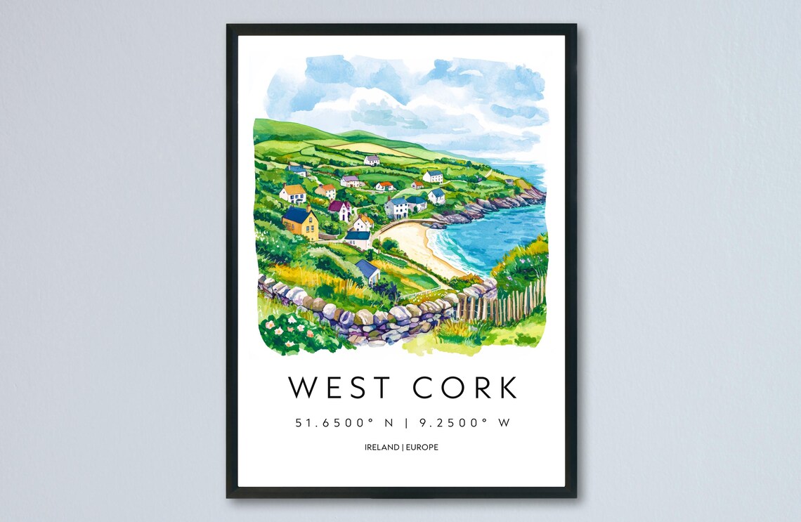 West Cork Coastal Village Ireland Scenic Watercolor Travel Poster