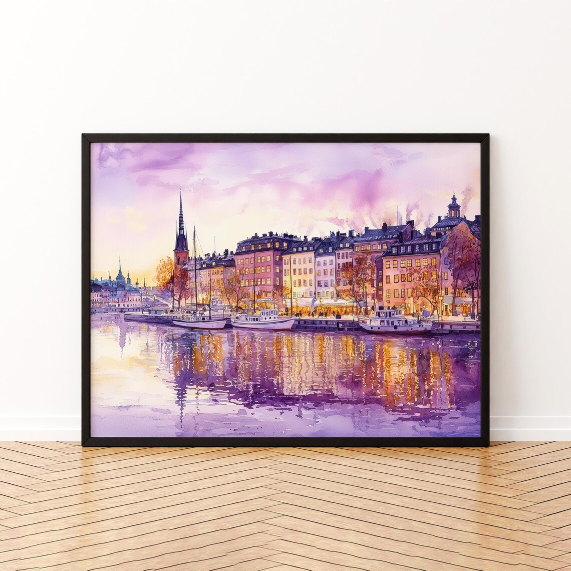 Stockholm Sweden Old Town Waterfront Sunset Watercolor City Poster