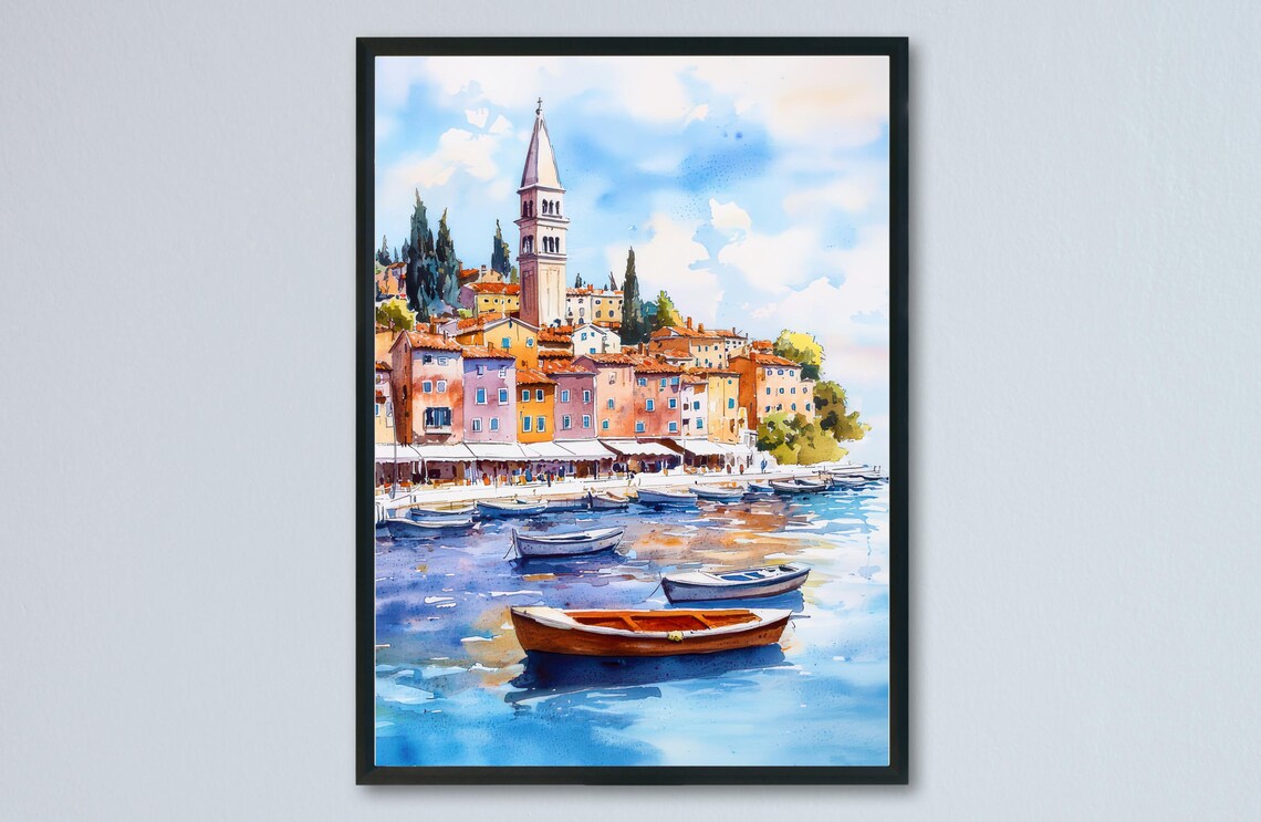 Rovinj Old Town Waterfront Church Tower Croatian Watercolor Poster