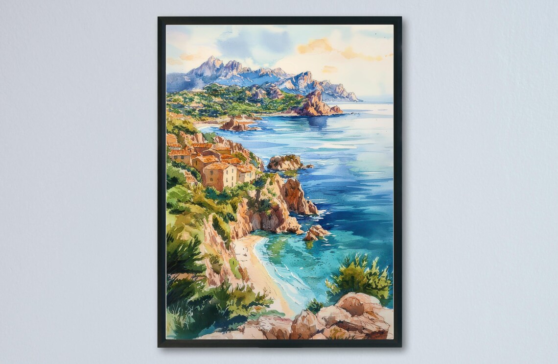 Corsica France Rocky Coast Cliff Village Watercolor Art Poster