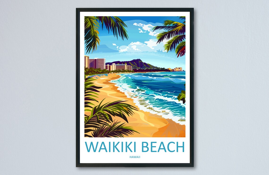 Waikiki Beach Hawaii Diamond Head Surf Shoreline Travel Poster