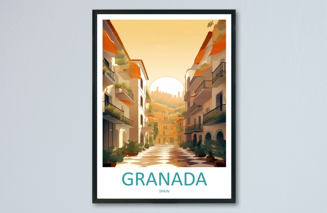 Granada Spain Sunlit Balconied Street Andalusia Scene Poster