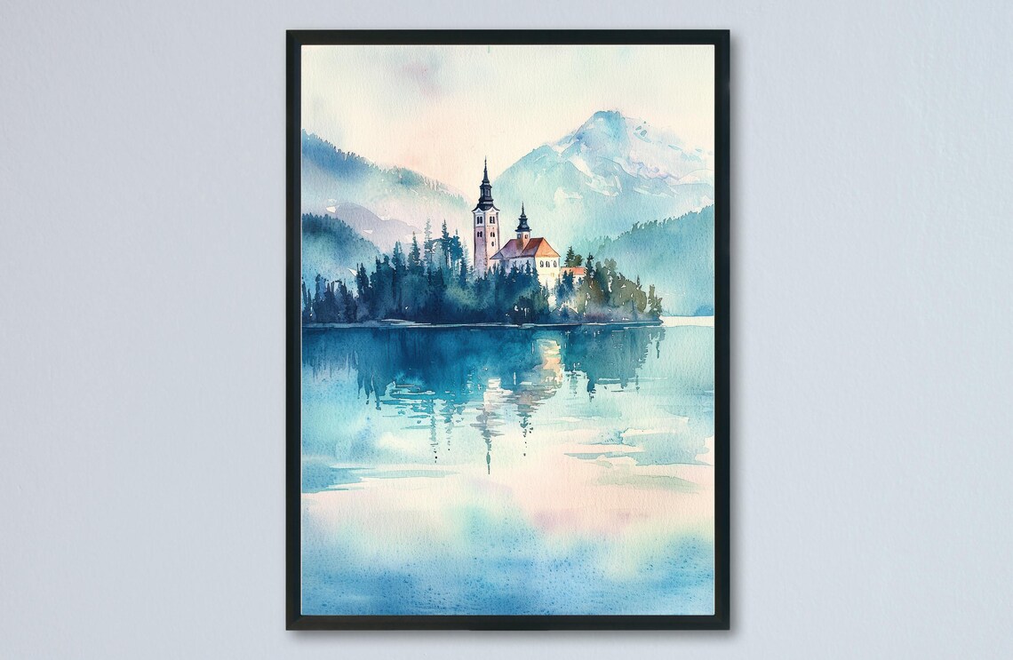 Lake Bled Island Church Mirror Lake Mountains Watercolor Poster