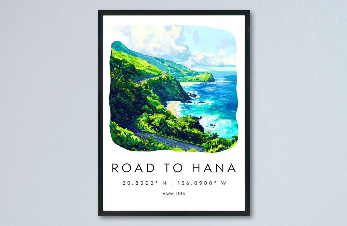 Road to Hana Hawaii Winding Coastal Drive Watercolor Travel Poster