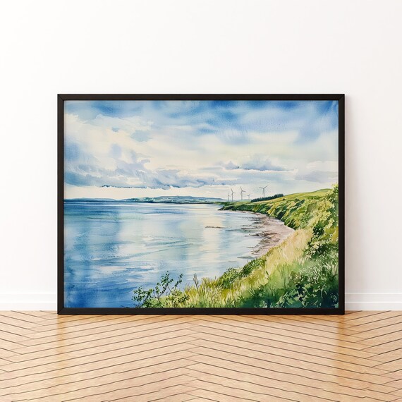 Solway Coast England Watercolor Poster Beach Wind Turbines Coastal Decor