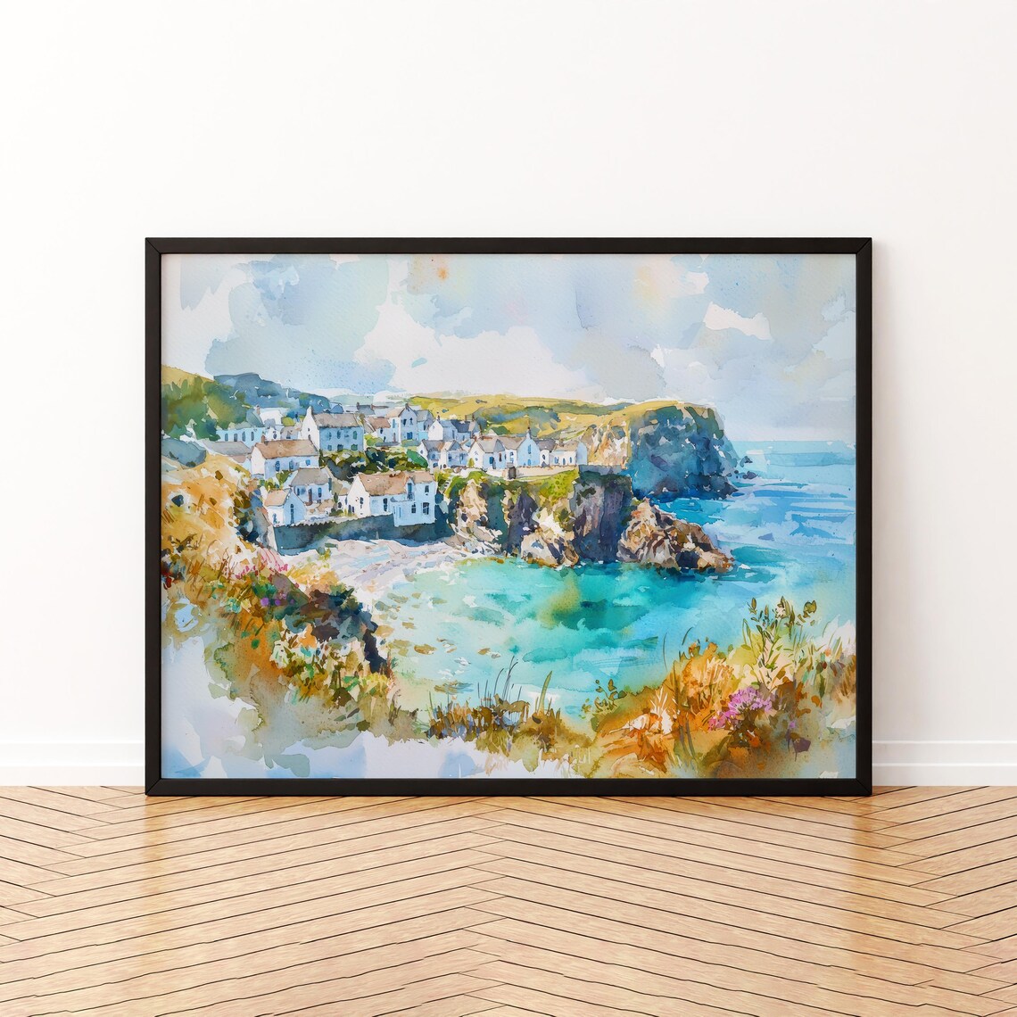 Cornwall England Watercolor Poster Coastal Village Cliffs Cove Travel Decor