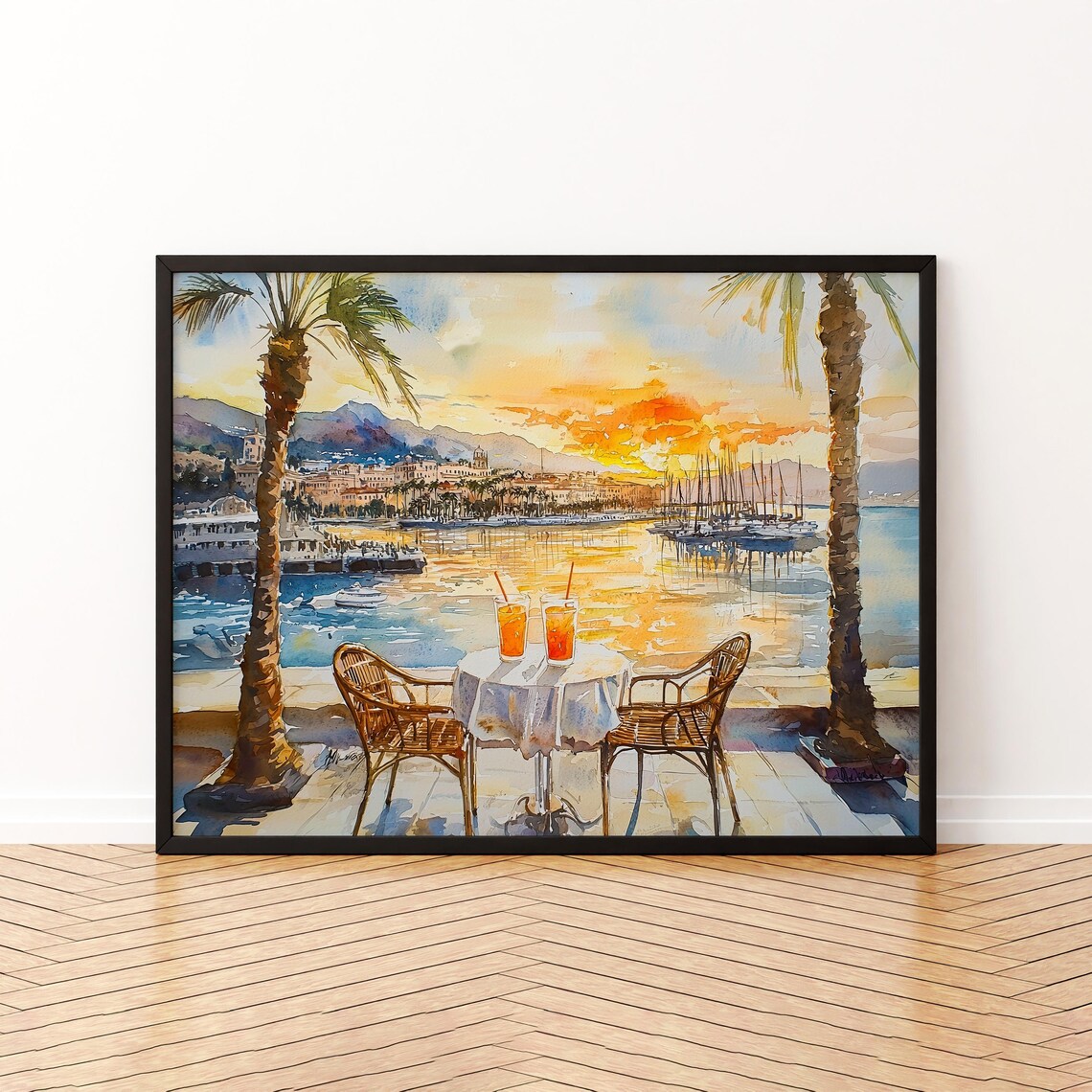 Malaga Sunset Watercolor Marina Cafe Palms Sailboats Spain Travel Art Poster