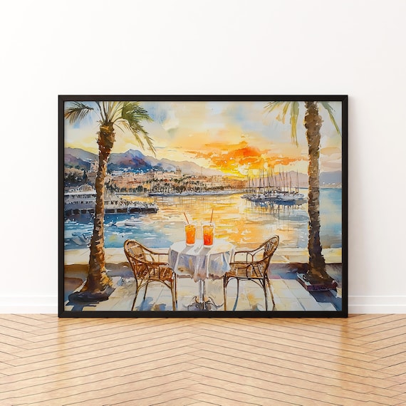 Malaga Sunset Watercolor Marina Cafe Palms Sailboats Spain Travel Art Poster