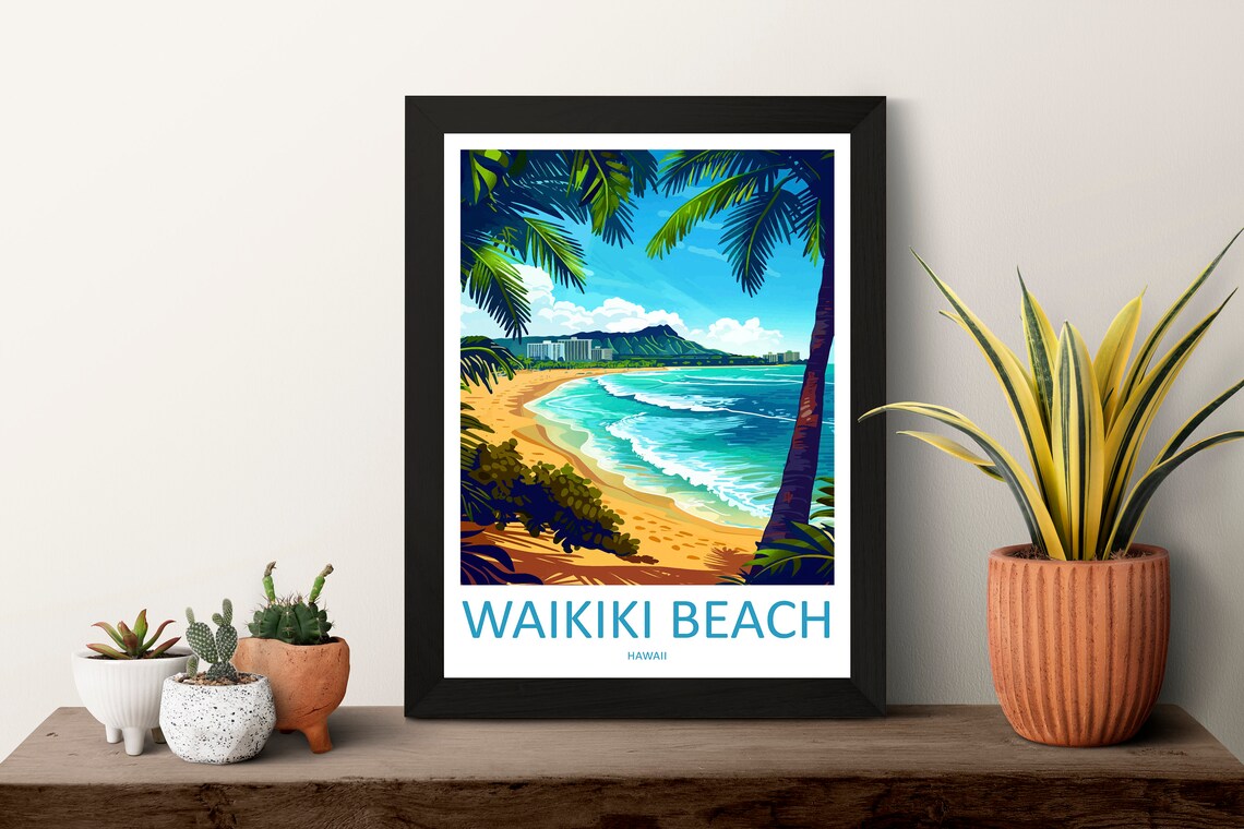 Waikiki Beach Travel Poster, Hawaii Place Art - Image 3