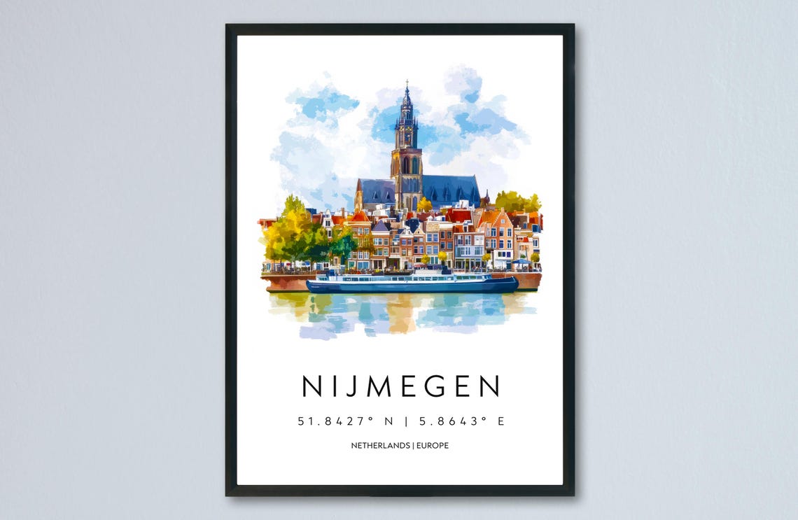 Nijmegen Netherlands Historic River City Watercolor Art Poster