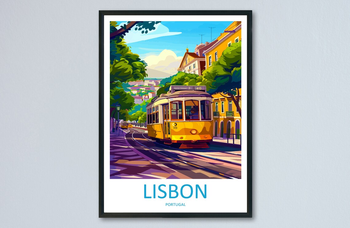 Lisbon Portugal Vintage Sunny Bright Yellow Tram Streetcar Poster