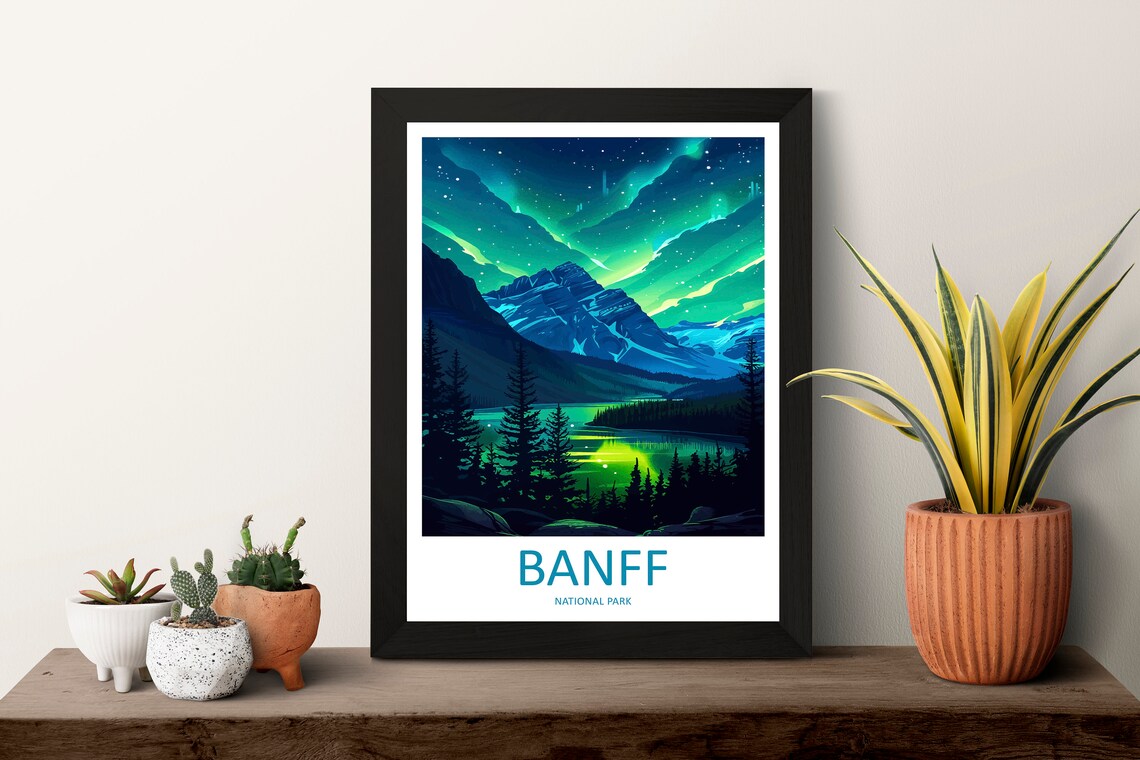 Banff National Park Illustrated Night Aurora Mountain Lake Travel Art Poster - Image 3