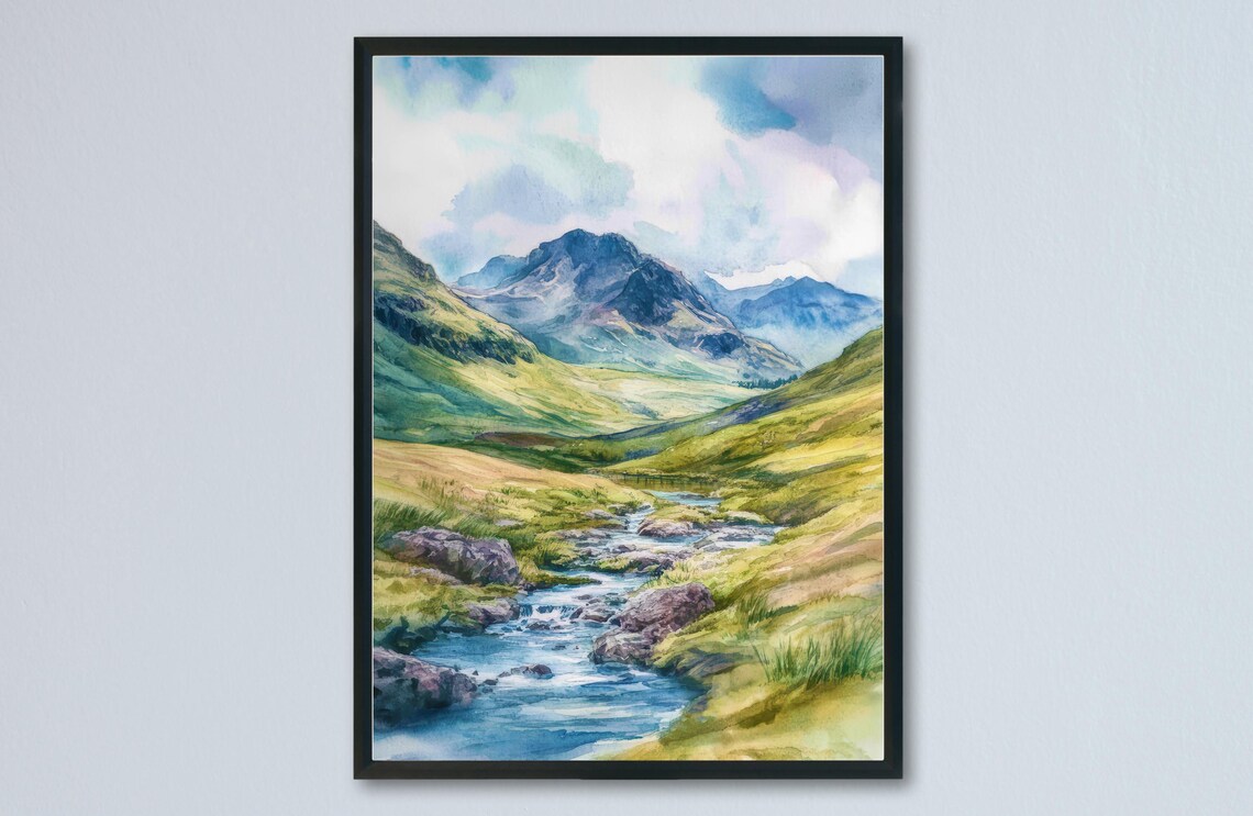 Eskdale Lake District Rocky Stream Fells Valley Hike Watercolor Poster