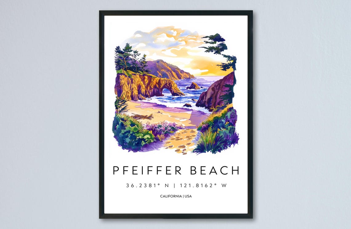 Pfeiffer Beach California Sea Arch Sunset Watercolor Art Poster