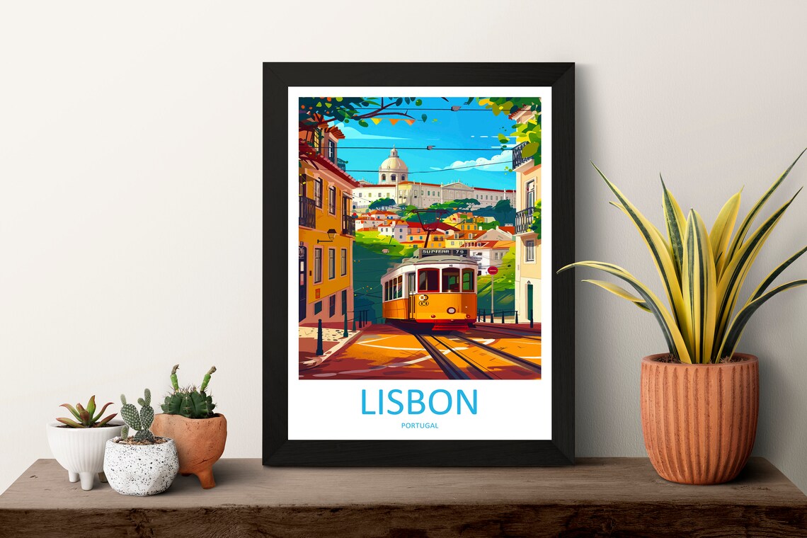 Lisbon Portugal Classic Yellow Tram Historic Street Travel Poster - Image 3