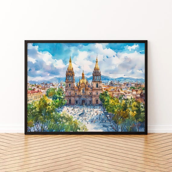 Guadalajara Mexico Watercolor Poster Travel Print Cityscape Painting Cathedral Wall Art Latin America Souvenir