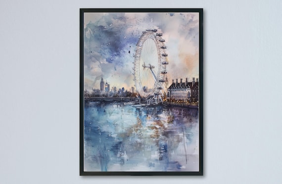 London Eye Ferris Wheel Thames Riverside Watercolor UK Travel Poster