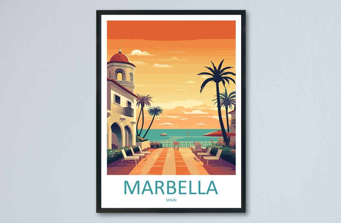 Marbella Spain Sunset Terrace Palms Ocean View Coastal Travel Poster