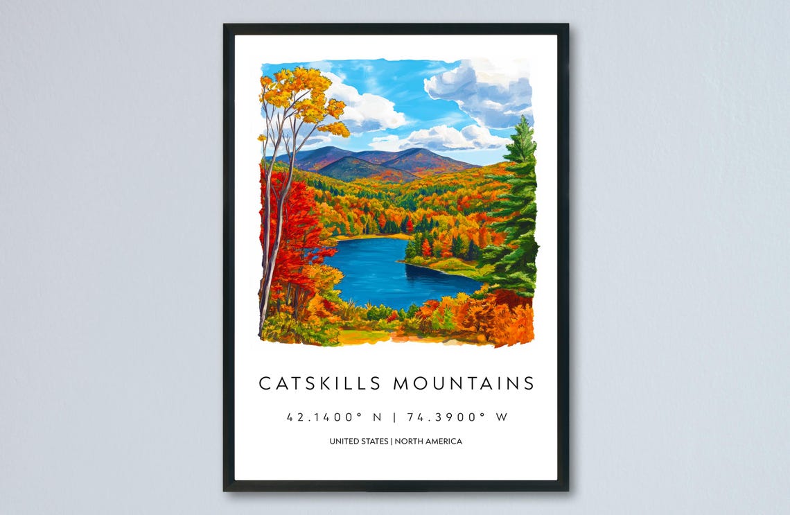 Catskills Mountains Autumn Lake Watercolor Fall Foliage Poster