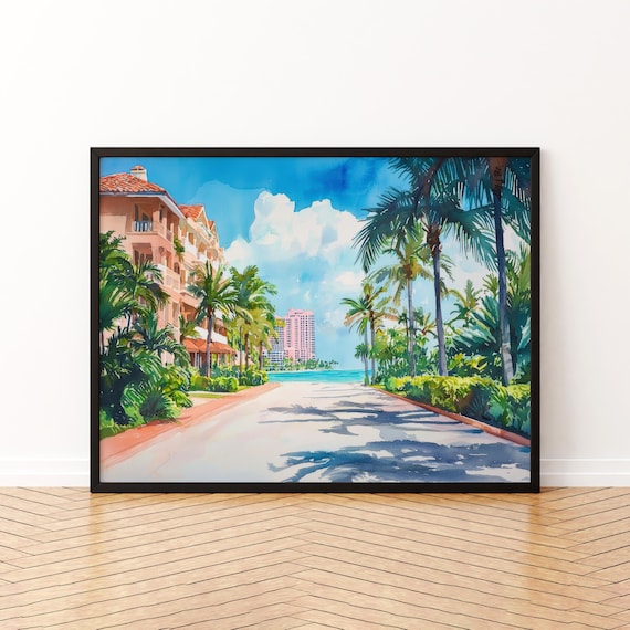 Boca Raton Florida Palm Tree Street Beach Watercolor Travel Poster