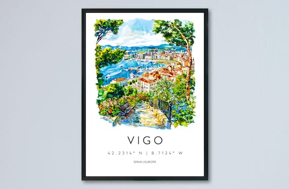 Vigo Spain Harbor View From Hilltop Gardens Watercolor Poster
